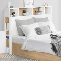 Tête de lit avec rangement intégré 145 cm blanc et bois façon hêtre*IDMarket Online