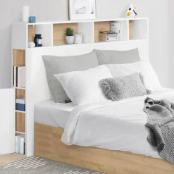 Tête de lit avec rangement intégré 165 cm blanc et bois façon hêtre*IDMarket Best