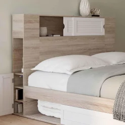 Tête de lit bois et blanc 145 cm avec rangements fermés et niches*IDMarket New