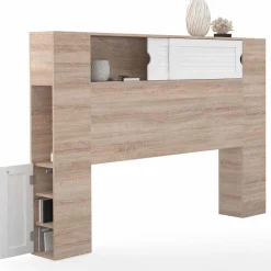 Tête de lit bois et blanc 145 cm avec rangements fermés et niches*IDMarket New