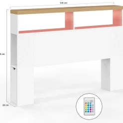Tête de lit sur pied à LED avec plateau bois 145 cm rangements et niches blanches*IDMarket Online