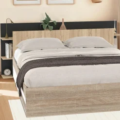 Tête de lit sur pied bois et noir avec rangement pour lit 140-160 cm*IDMarket Best