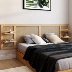 Tête de lit suspendue 240 cm cannage et bois avec étagères*IDMarket Clearance