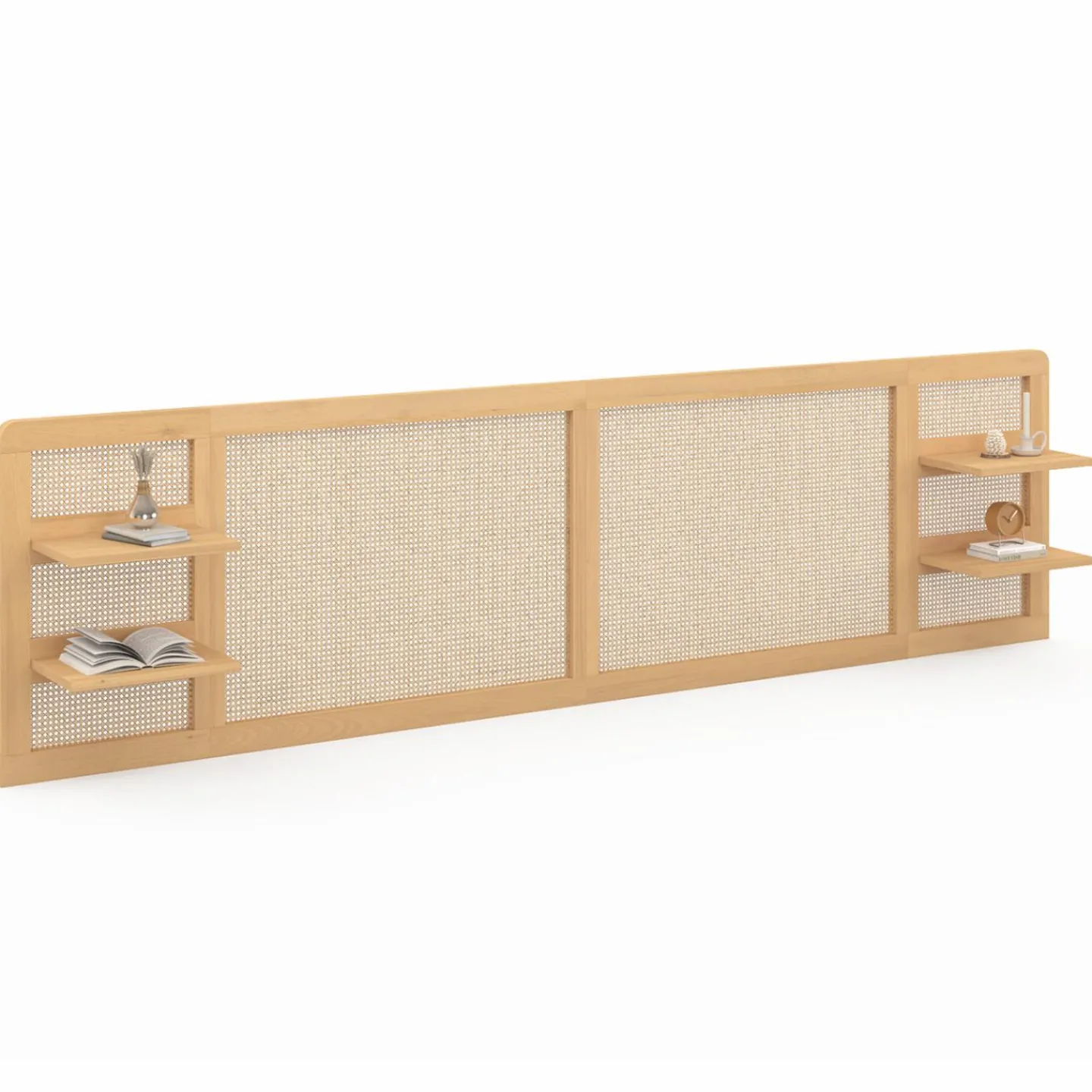 Tête de lit suspendue 240 cm cannage et bois avec étagères*IDMarket Clearance