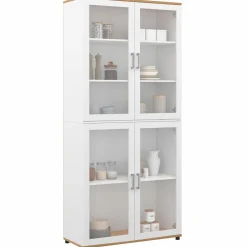 Vaisselier buffet haut 176 cm avec 4 portes vitrées blanc et bois*IDMarket Discount