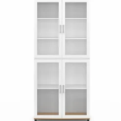 Vaisselier buffet haut 176 cm avec 4 portes vitrées blanc et bois*IDMarket Discount