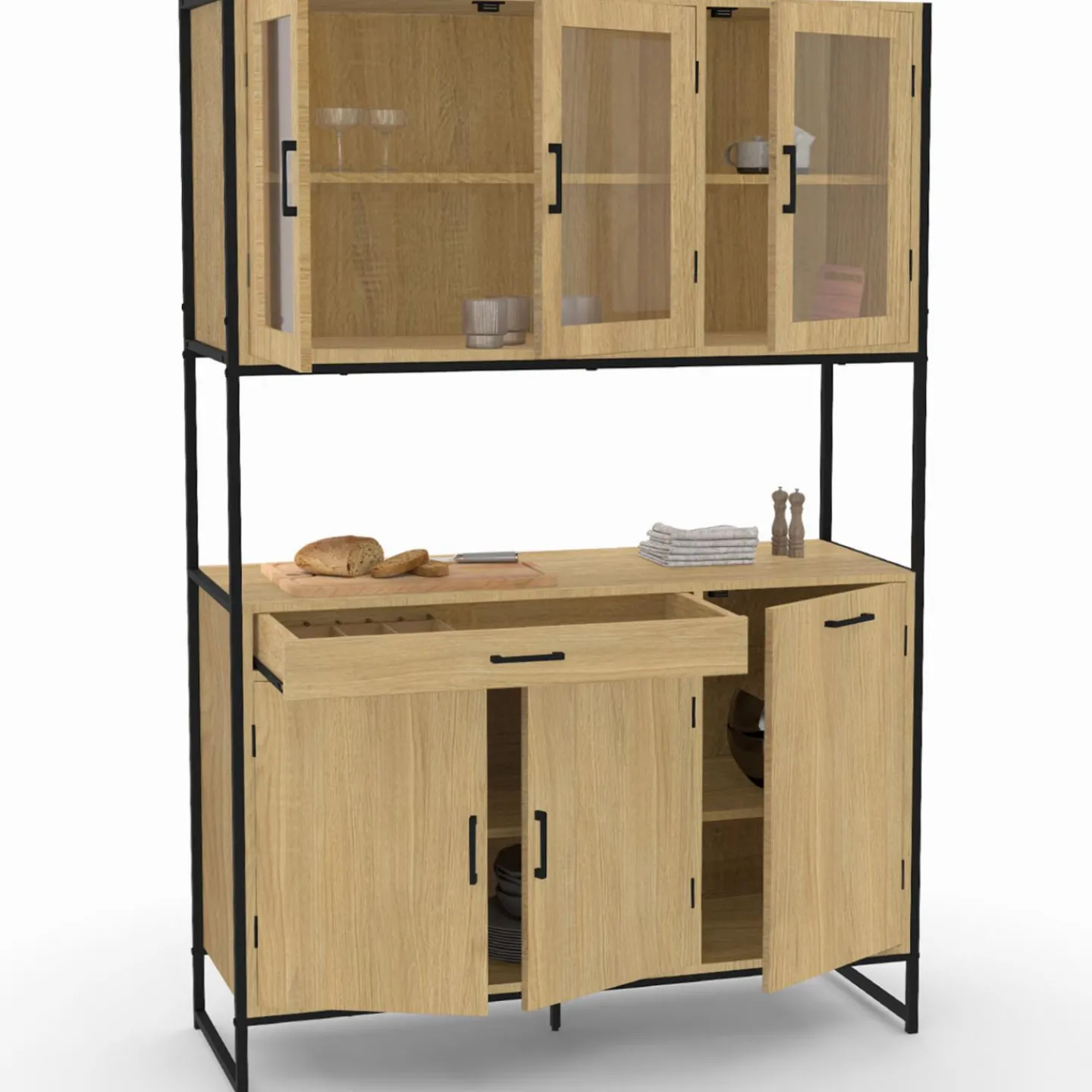 Vaisselier industriel 6 portes buffet de cuisine vitré 120 cm*IDMarket Discount