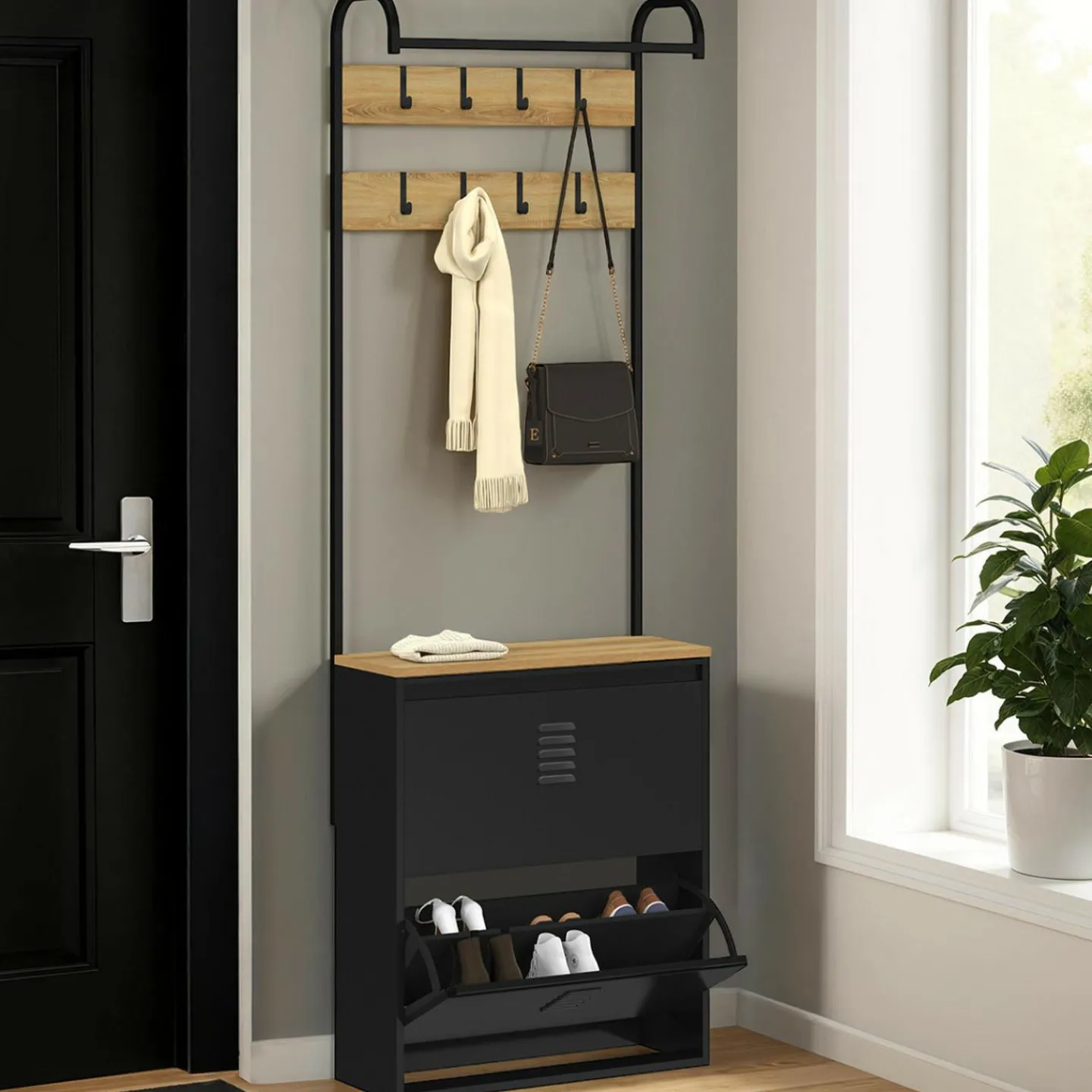 Vestiaire d'entrée avec meuble chaussures 2 portes en métal noir*IDMarket New