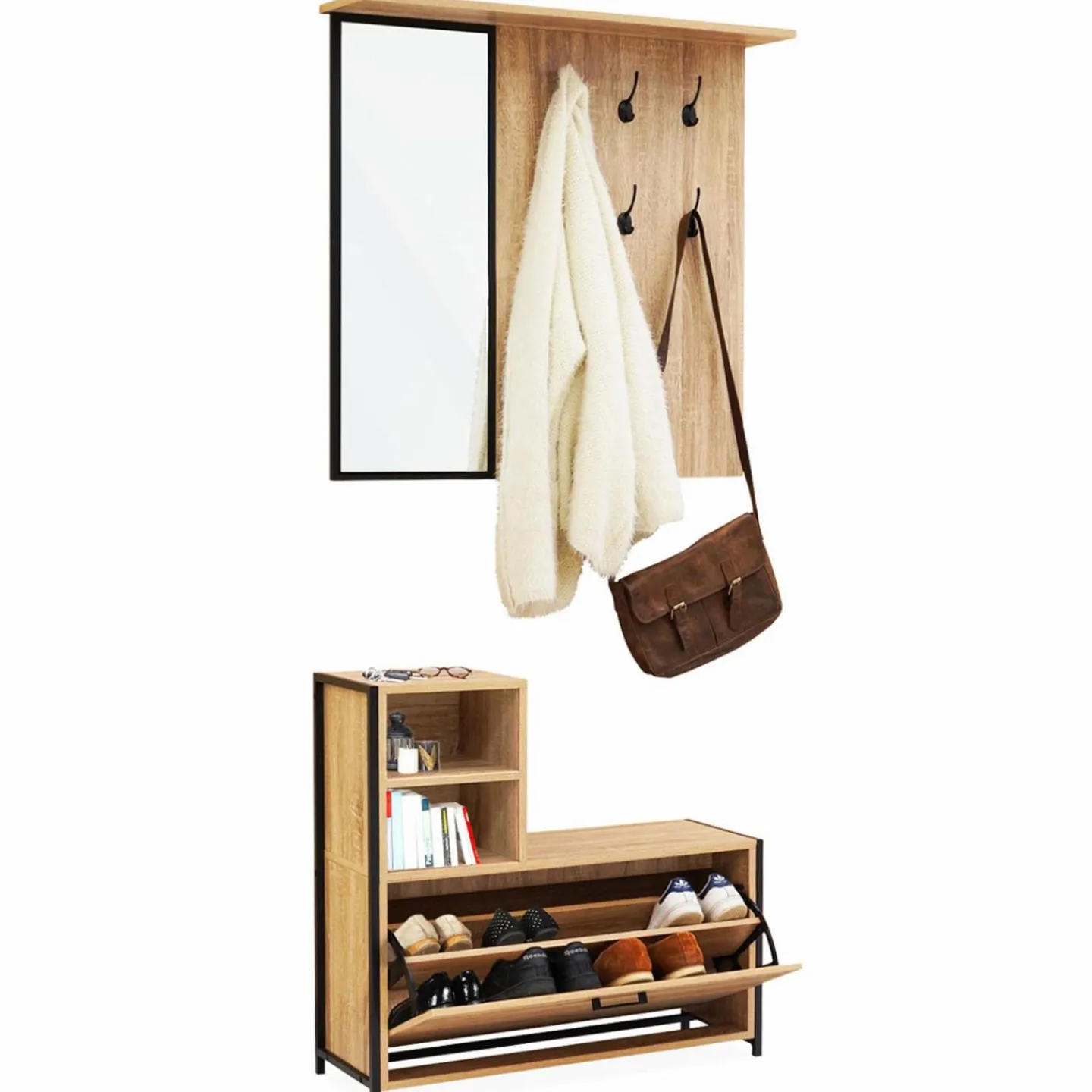 Vestiaire d’entrée avec miroir et range-chaussures style industriel*IDMarket