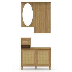 Vestiaire d'entrée avec miroir, placard à chaussure et rangements en bois effet naturel cannage*IDMarket