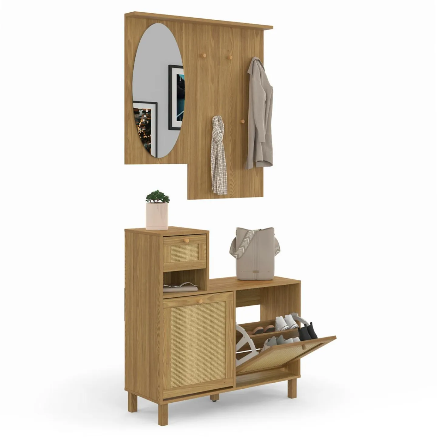 Vestiaire d'entrée avec miroir, placard à chaussure et rangements en bois effet naturel cannage*IDMarket