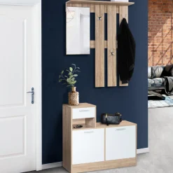 Vestiaire d’entrée avec miroir, porte-manteaux et range-chaussures en lot*IDMarket Outlet