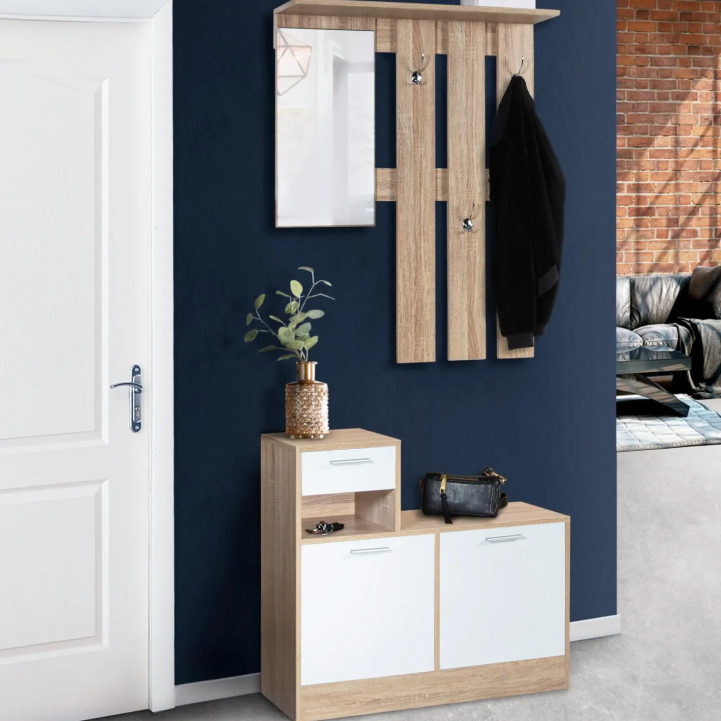 Vestiaire d’entrée avec miroir, porte-manteaux et range-chaussures en lot*IDMarket Outlet