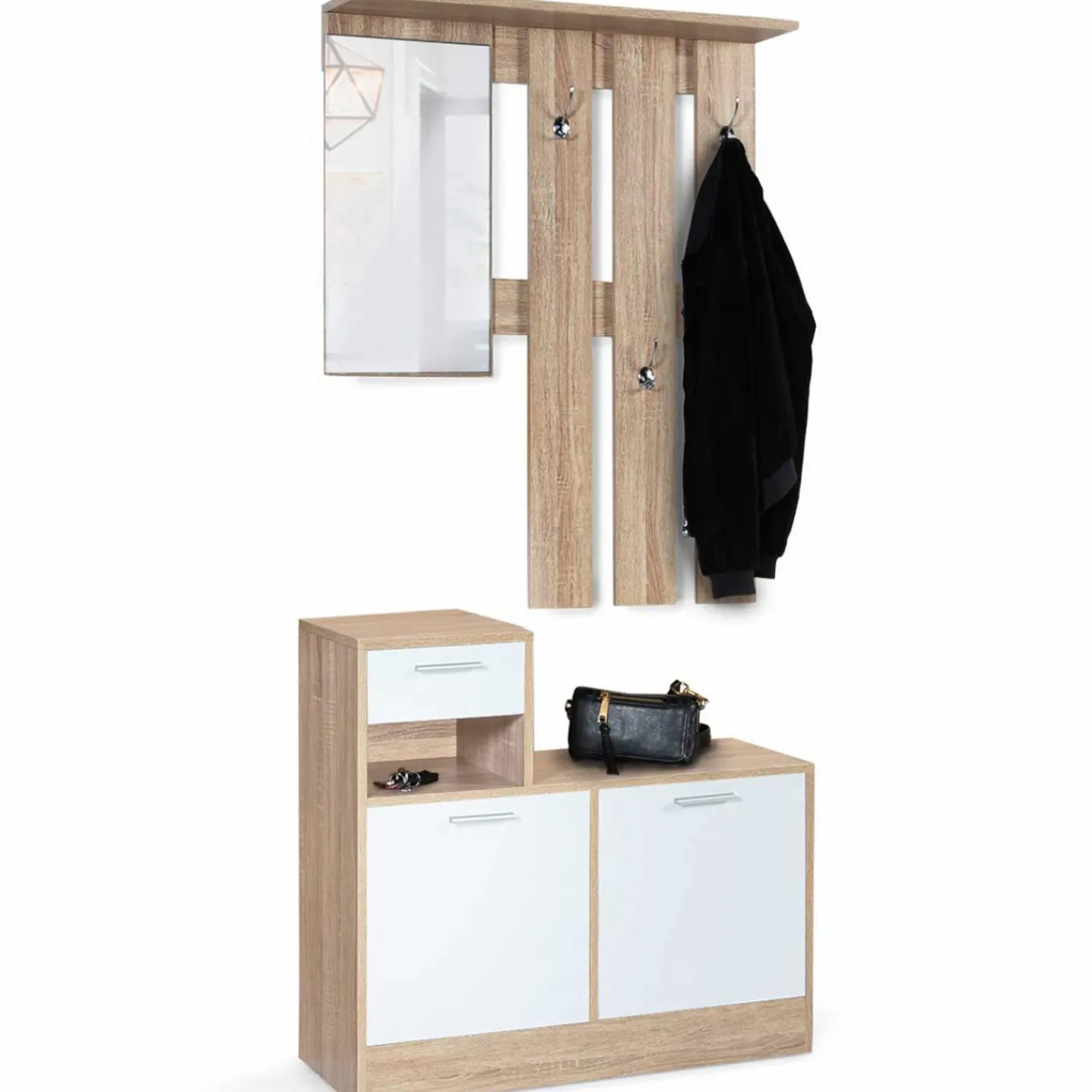 Vestiaire d’entrée avec miroir, porte-manteaux et range-chaussures en lot*IDMarket Outlet