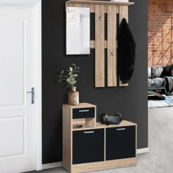 Vestiaire d'entrée avec miroir, porte-manteaux et range-chaussures*IDMarket Hot