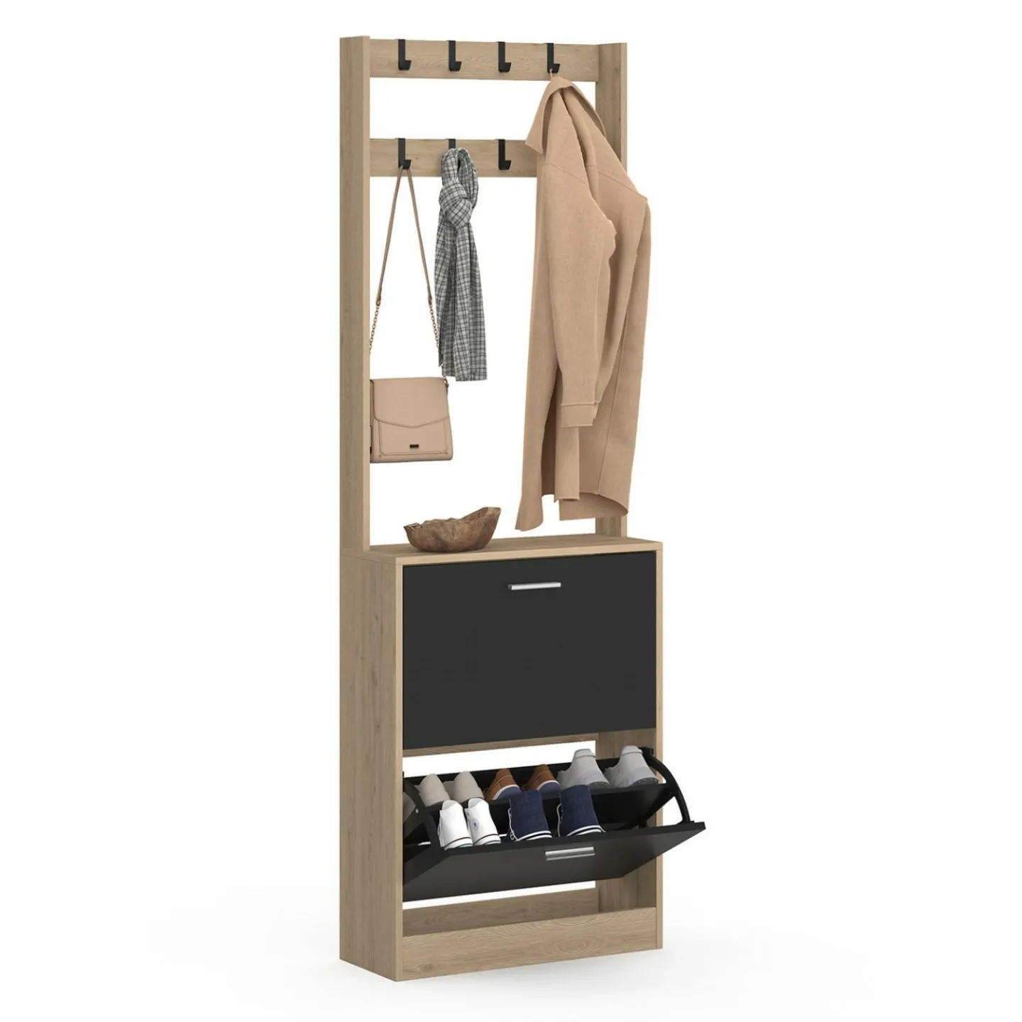 Vestiaire d'entrée meuble chaussures 2 portes effet bois et noir*IDMarket Sale