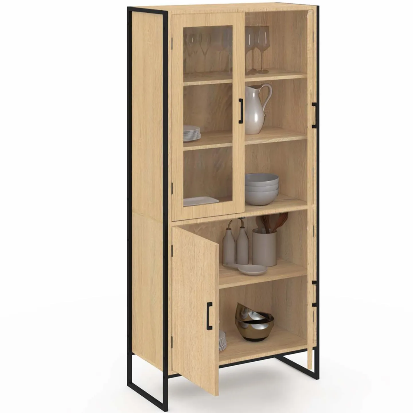 Vitrine buffet haut industriel 176 cm avec portes et étagères*IDMarket Clearance